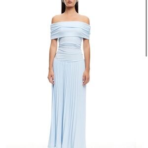 Blue Pleated Ruched Gown with Off the Shoulder Neckline